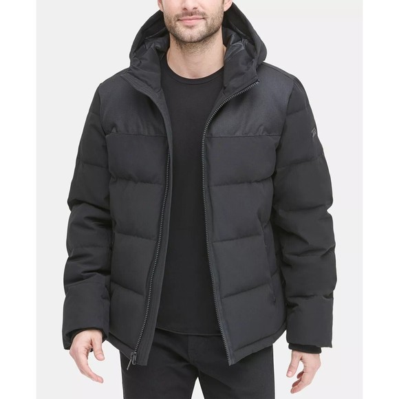 $225 DKNY Men's Mixed-Media Hooded Puffer Coat Jacket Sz S BLACK Water Resistant